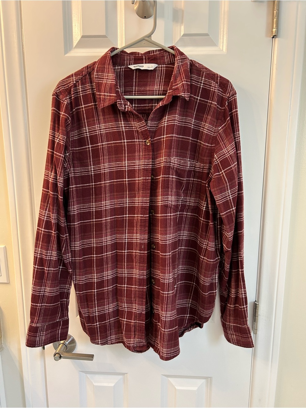 Women’s Sonoma Burgundy Plaid Button-Up Shirt - Casual Long Sleeve, Size Large